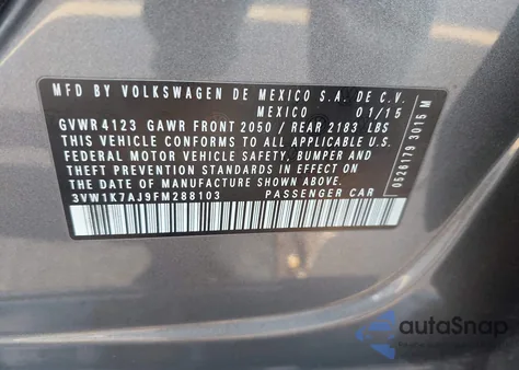 2015 Volkswagen Jetta 2.0L S z USA, uszkodzony, nr VIN 3VW1K7AJ9FM288103